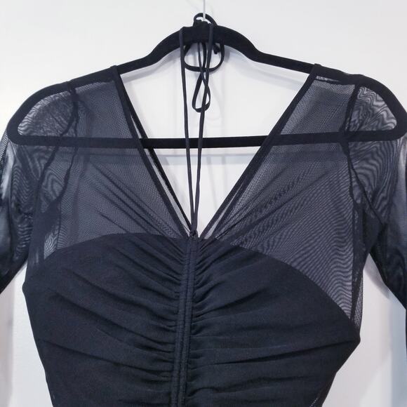 Cinq a Sept Black Ruched Mesh Mini Bodycon Dress Long Sleeves Plunging Neckline - Picture 4 of 12